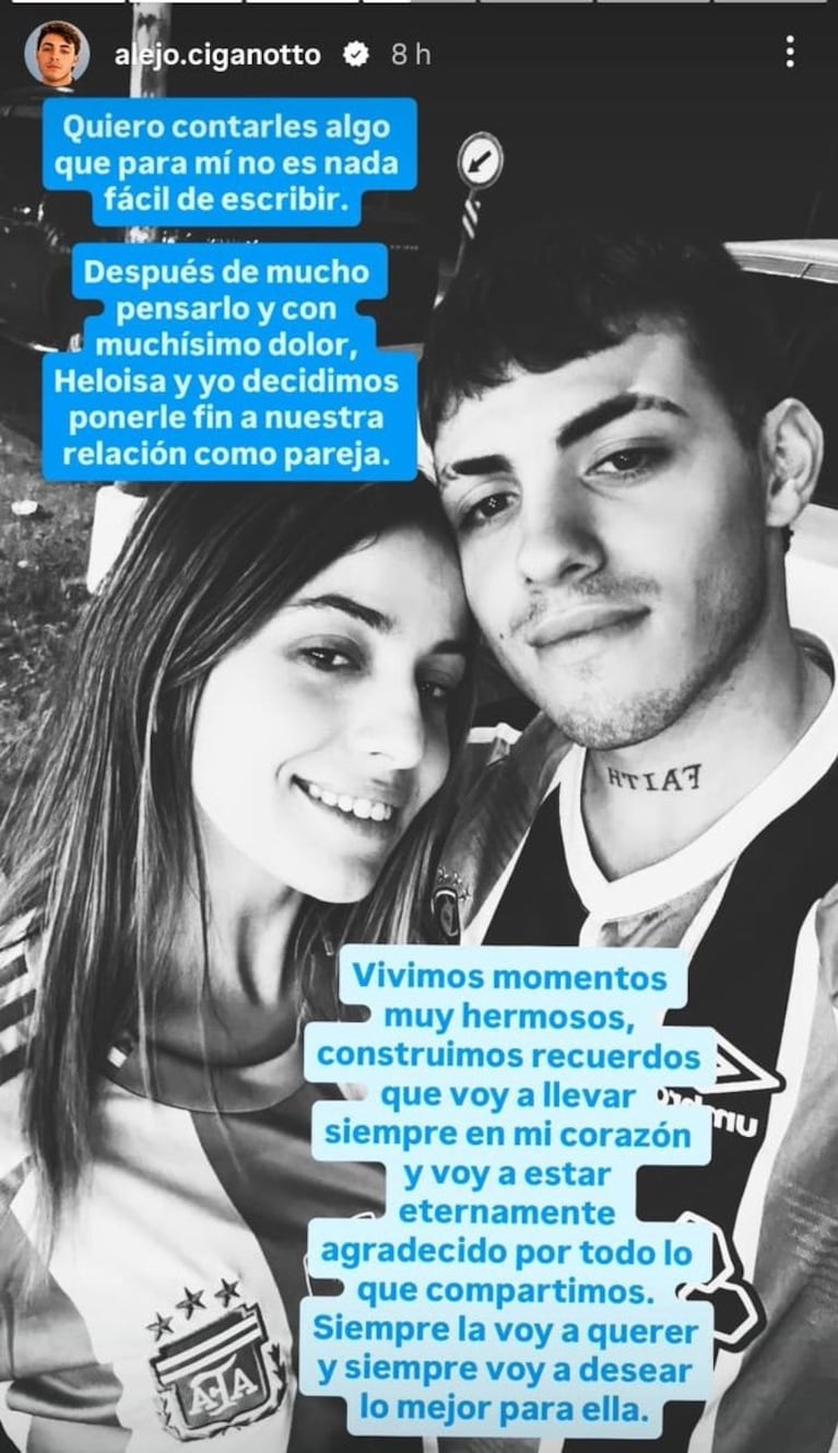 Alejo Ciganotto, el hincha de Racing que quiso llegar caminando al Mundial 2026, anunció su separación de su novia embarazada (Foto: captura de Instagram/@alejo.ciganotto).