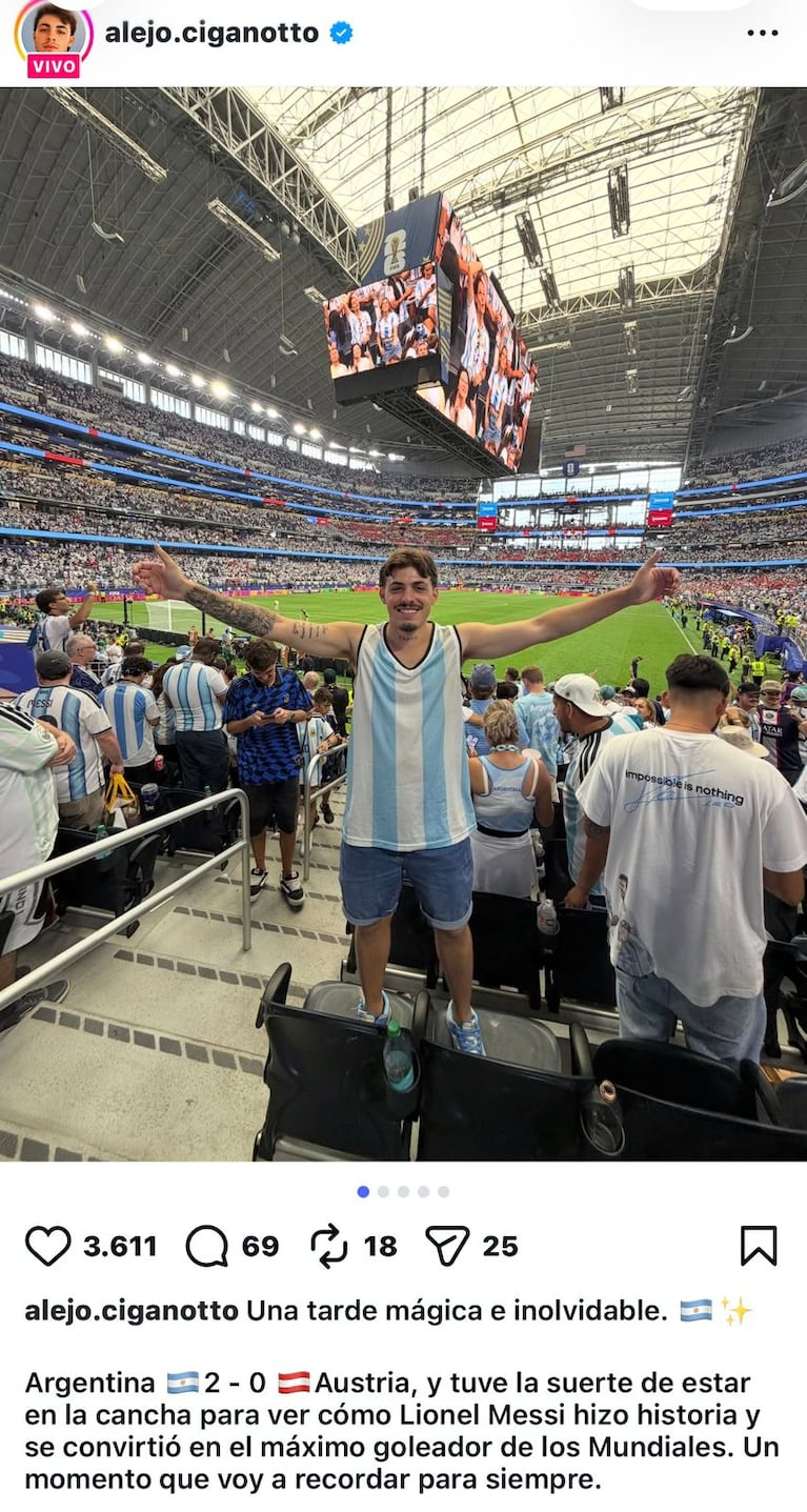 Alejo Ciganotto llegó al MUNDIAL™ y anunció su separación de su novia embarazada (Foto: Instagram/@alejo.ciganotto)