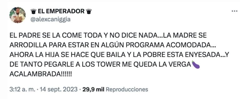 Alex Caniggia apuntó picante contra la familia de Yanina Latorre y la panelista redobló la apuesta: “Tarados”