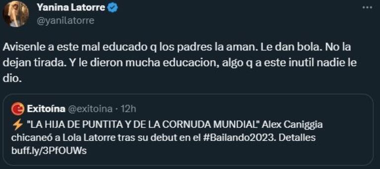 Alex Caniggia apuntó picante contra la familia de Yanina Latorre y la panelista redobló la apuesta: “Tarados”