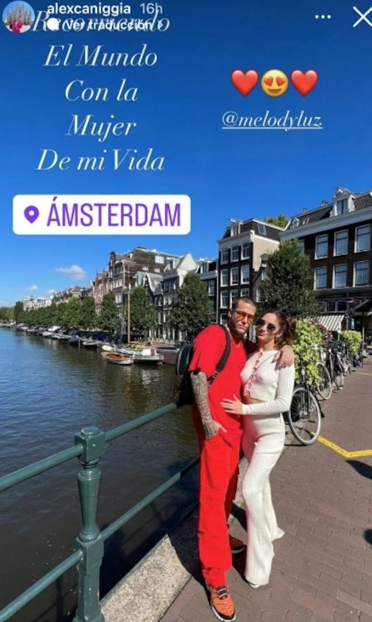 Alex Caniggia le dedicó un romántico mensaje a Melody Luz mientras disfrutan de su luna de miel en Europa