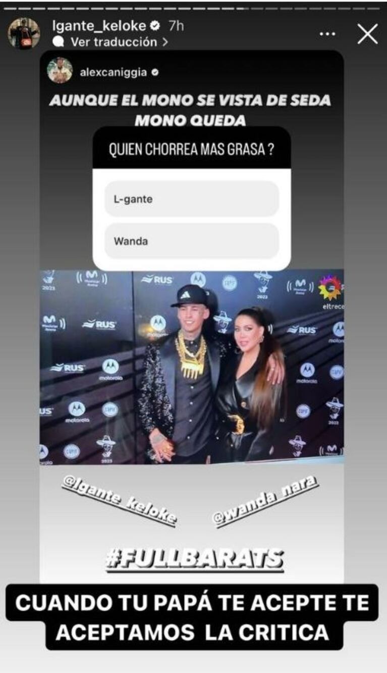 Alex Caniggia le respondió fuertísimo a L-Gante y comparó a Wanda Nara con un electrodoméstico