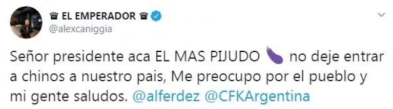 Alexander Caniggia le hizo un insólito pedido a Alberto Fernández por el Coronavirus: "No deje entrar a los chinos"