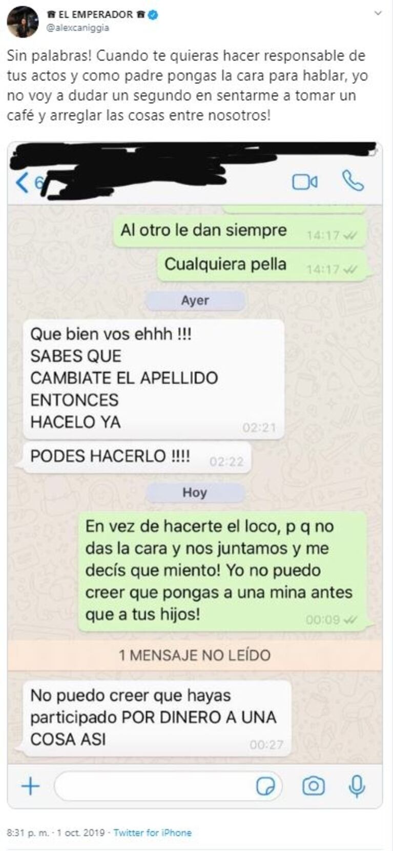 Alexander Caniggia publicó un chat privado con una durísima exigencia de su padre: "¡Cambiate el apellido ya!"