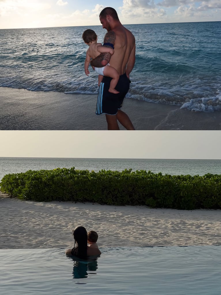 Alexis Mac Allister con Alaia en brazos, disfrutando de un paseo al atardecer durante sus vacaciones familiares. Fuente: Instagram @alemacallister