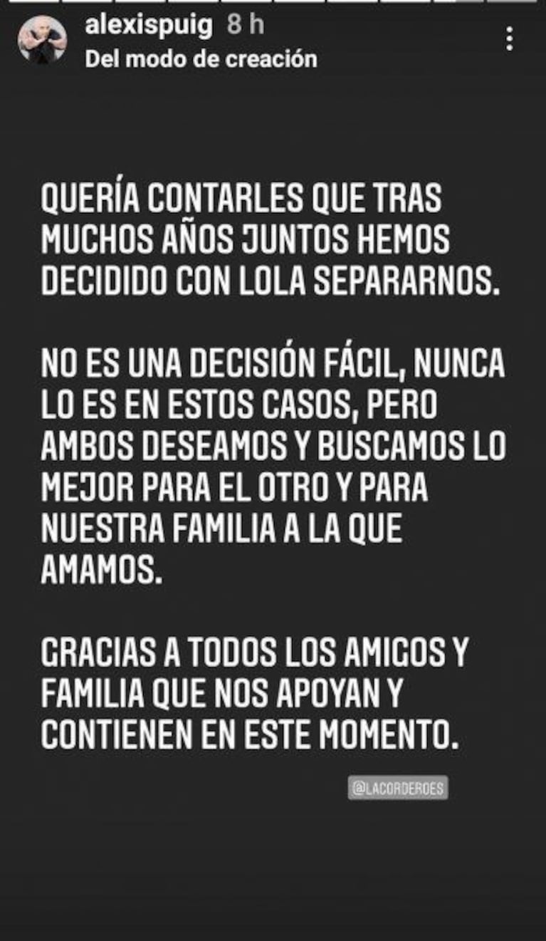 Alexis Puig y Lola Cordero anunciaron su separación tras 19 años juntos: “Decidimos dar por terminada la pareja”