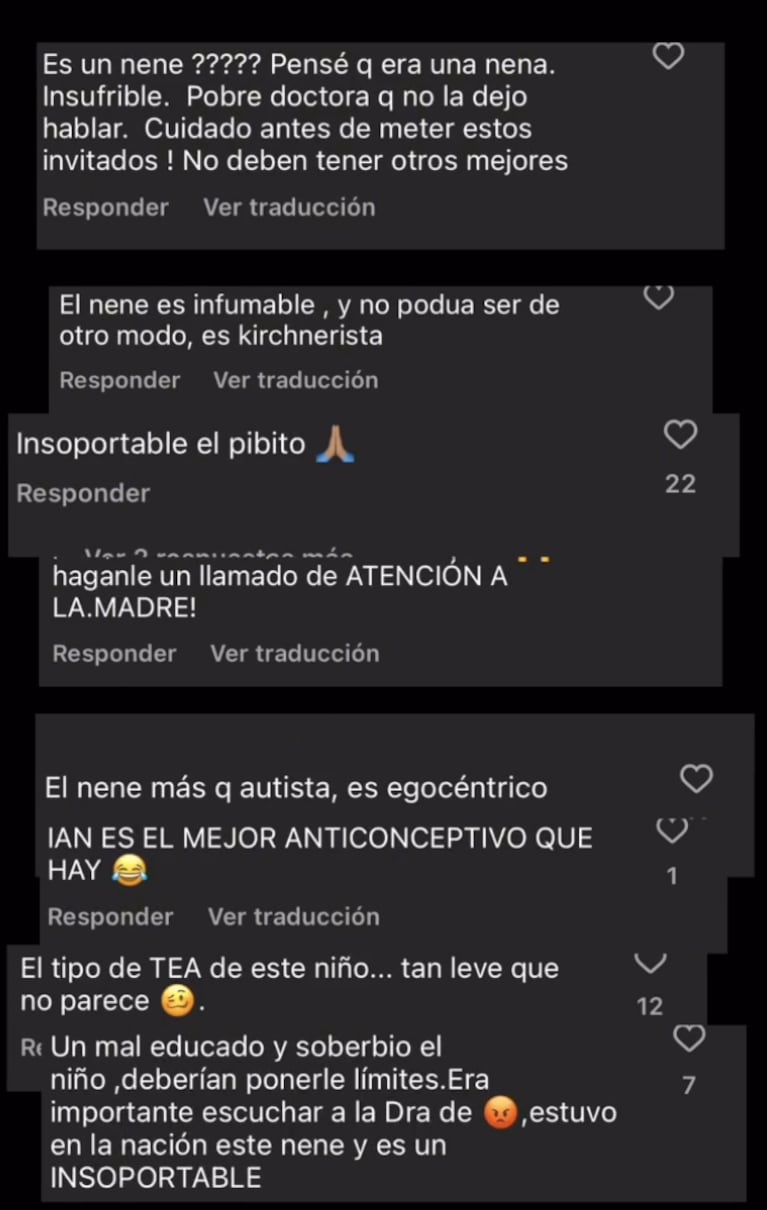 Algunos de los hirientes comentarios que Ian recibió en redes.