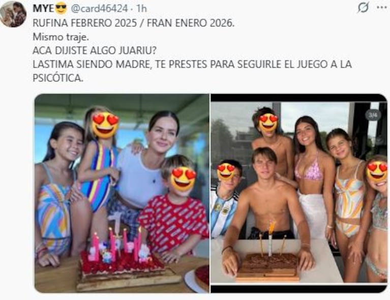 Algunos de los mensajes que recibió Juariu tras los posteos sobre el cumpleaños de Magnolia (Foto: Twitter/x @card46424)