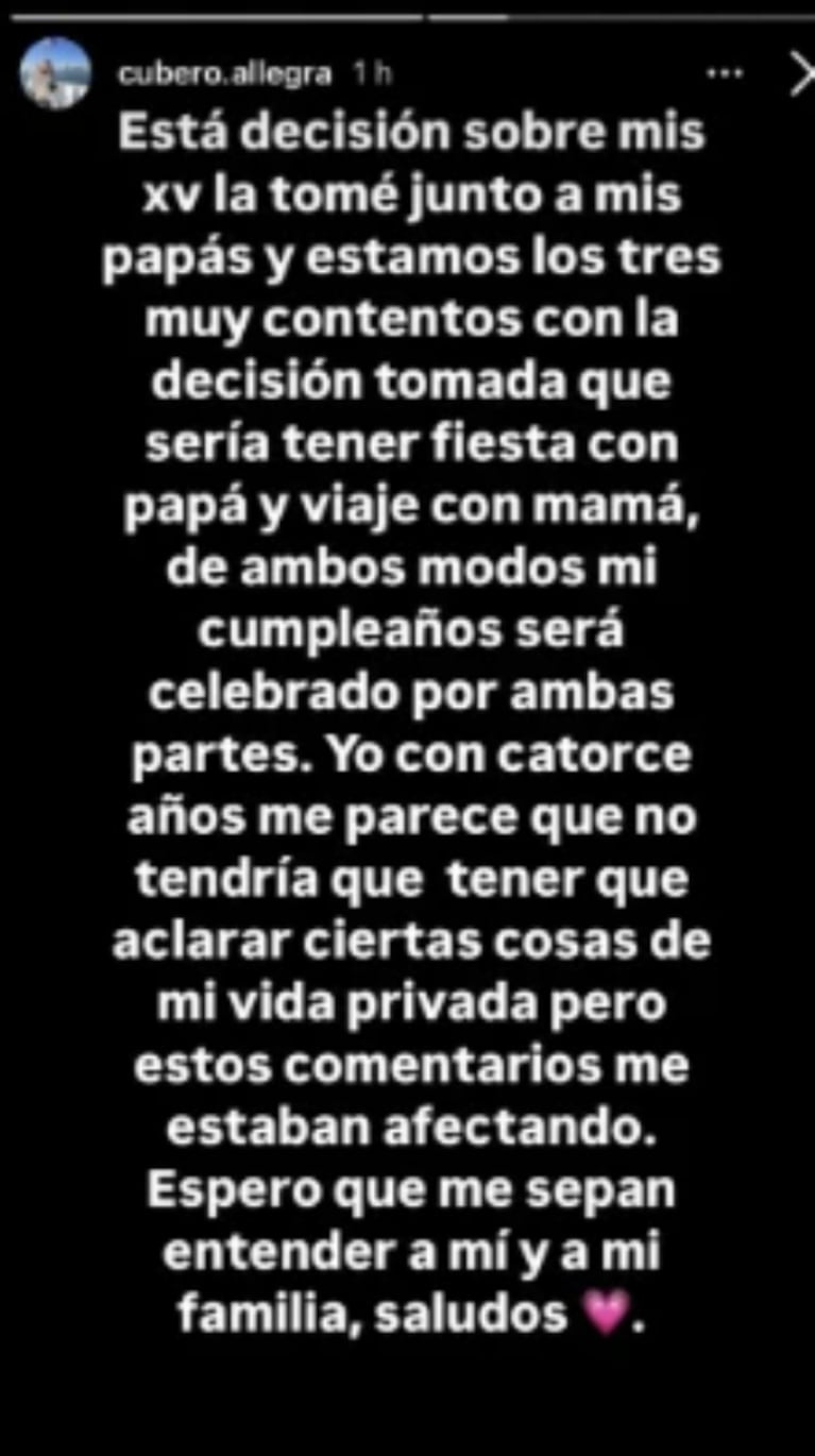 Allegra Cubero contó por qué excluyó a Nicole Neumann de su fiesta de 15 años