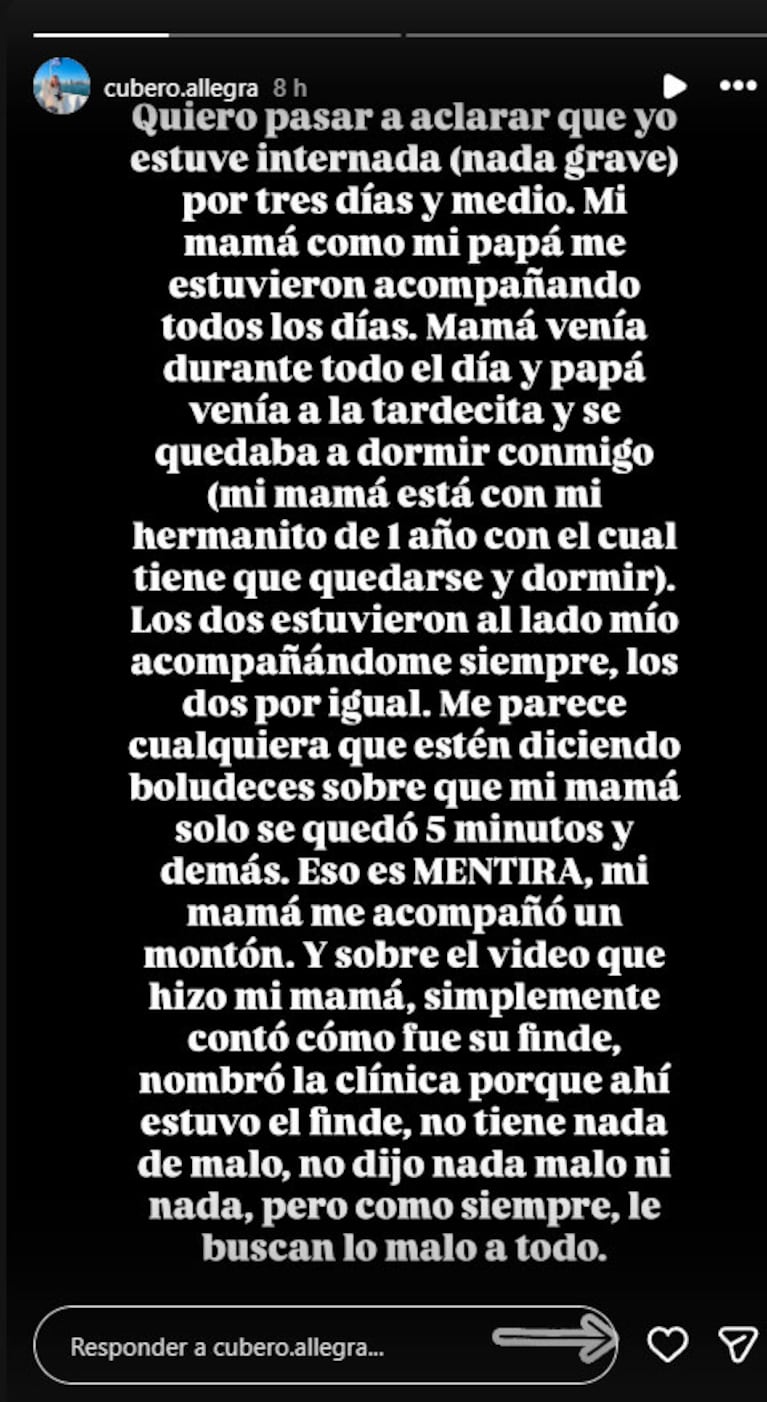 Allegra Cubero rompió el silencio tras su internación y desmintió rumores sobre su mamá, Nicole Neumann (captura de Instagram)