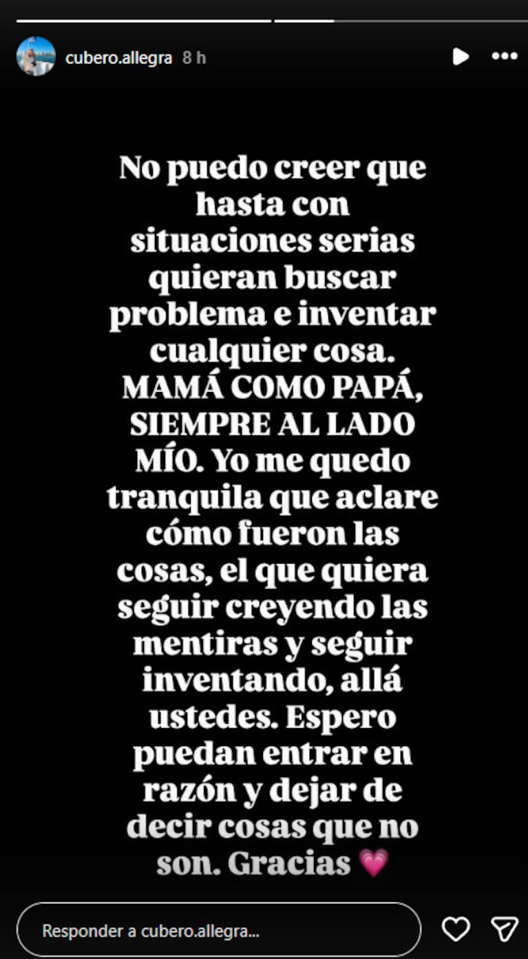 Allegra Cubero rompió el silencio tras su internación y desmintió rumores sobre su mamá, Nicole Neumann (captura de Instagram)