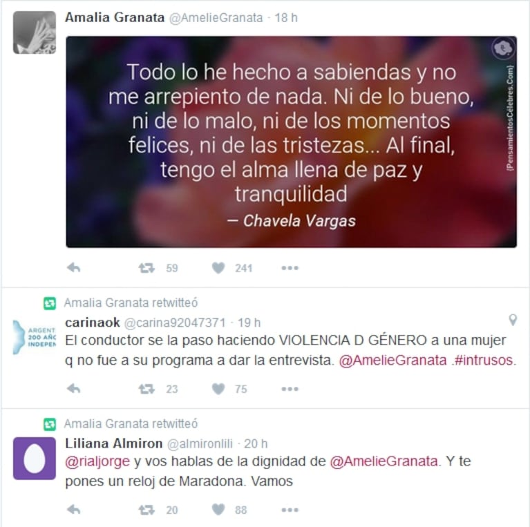Amalia Granata y sus lapidarios retweets sobre Rial: "El conductor se la pasó ejerciendo violencia de género a una mujer que no fue a su programa"