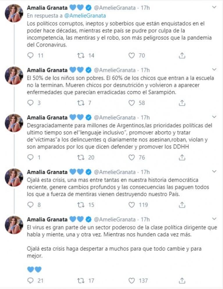 Amalia Granata y sus polémicos mensajes comparando el coronavirus con el aborto: "La muerte vino a visitarlos"