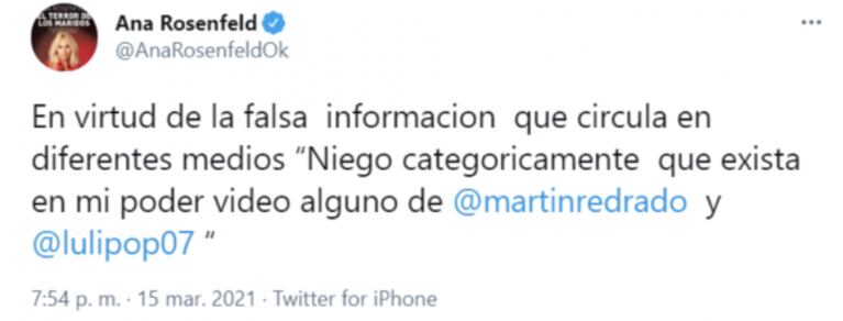 Ana Rosenfeld habló del supuesto video íntimo que habrían protagonizado Luciana Salazar y Martín Redrado