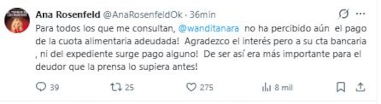 Ana Rosenfeld negó que Icardi haya pagado la cuota alimentaria (Foto: X.com / @anarosenfeldok)