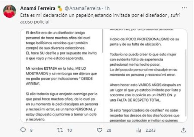 Anamá Ferreira acusó a Elina Fernández de hacerla echar de un desfile: “Una falta de respeto absoluta”