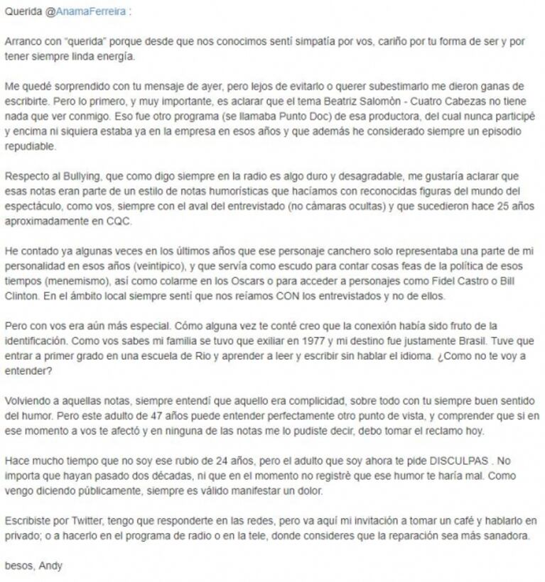 Anamá Ferreira acusó de "bullying" a Andy Kusnetzoff: el conductor le ofreció disculpas en una carta abierta