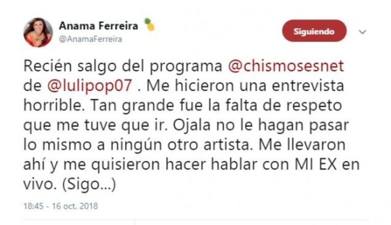 Anamá Ferreira, furiosa con el ciclo de Luli Salazar: "Una nota horrible y quisieron que hable con mi ex"