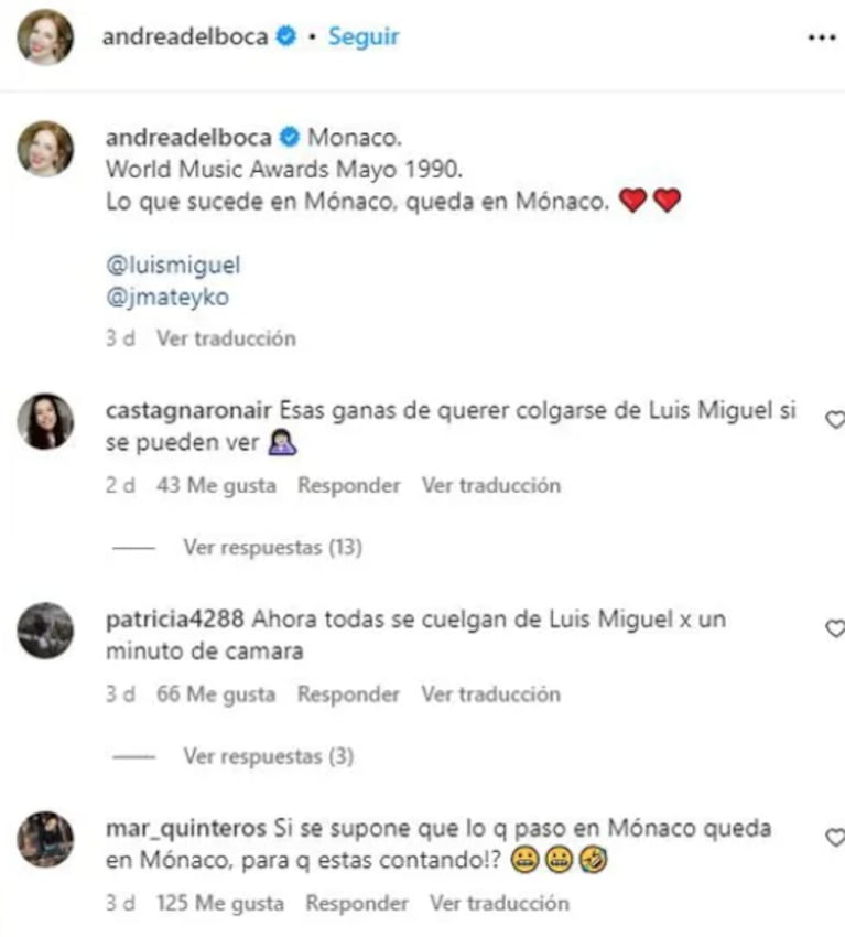 Andrea del Boca compartió una foto retro con Luis Miguel y la acusaron de "colgarse" de él