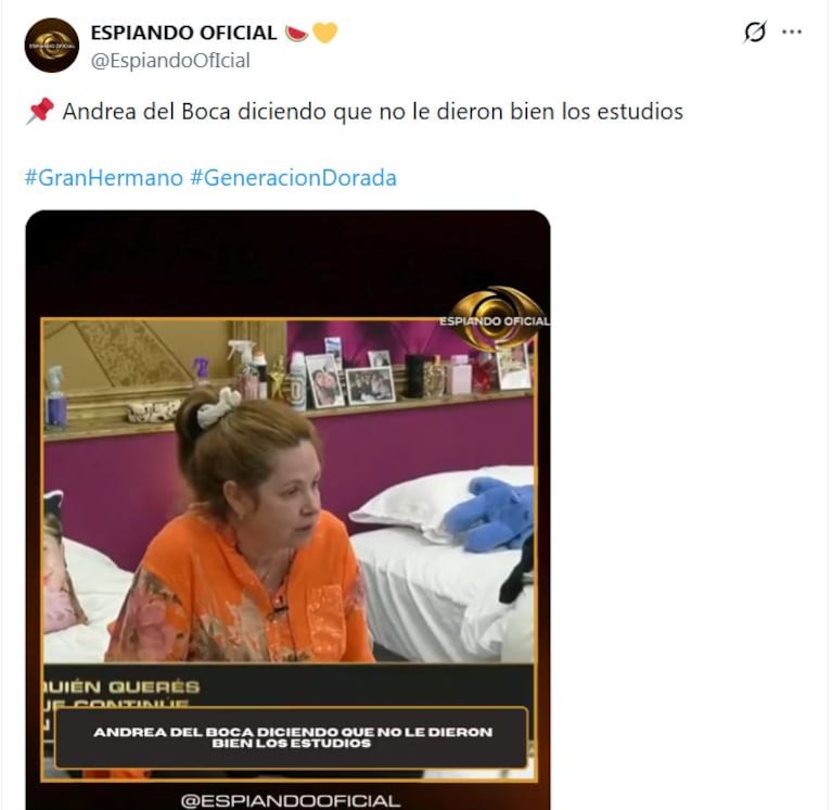 Andrea del Boca hablando con sus compañeros de Gran Hermano sobre su salud antes de que la saquen de la casa (Foto: X/@espiandoOficial)
