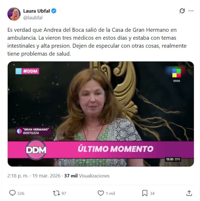 Andrea del Boca salió de Gran Hermano por su salud (Foto: X/@laubfal)