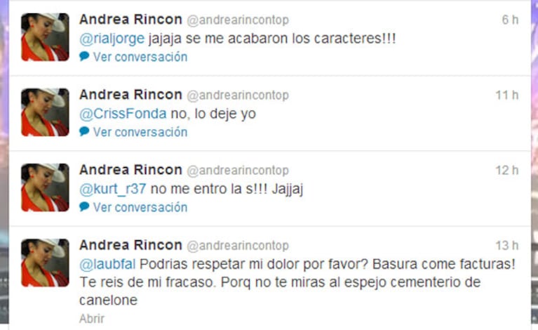 Andrea Rincón, sin filtro contra Laura Ubfal en Twitter (Foto: Captura). 