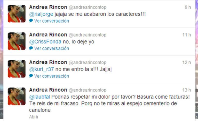 Andrea Rincón, sin filtro contra Laura Ubfal en Twitter (Foto: Captura). 