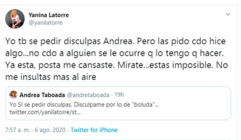 Andrea Taboada le pidió perdón a Yanina Latorre por insultarla y tuvo una filosa réplica: "Me cansaste"