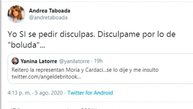 Andrea Taboada le pidió perdón a Yanina Latorre por insultarla y tuvo una filosa réplica: "Me cansaste"