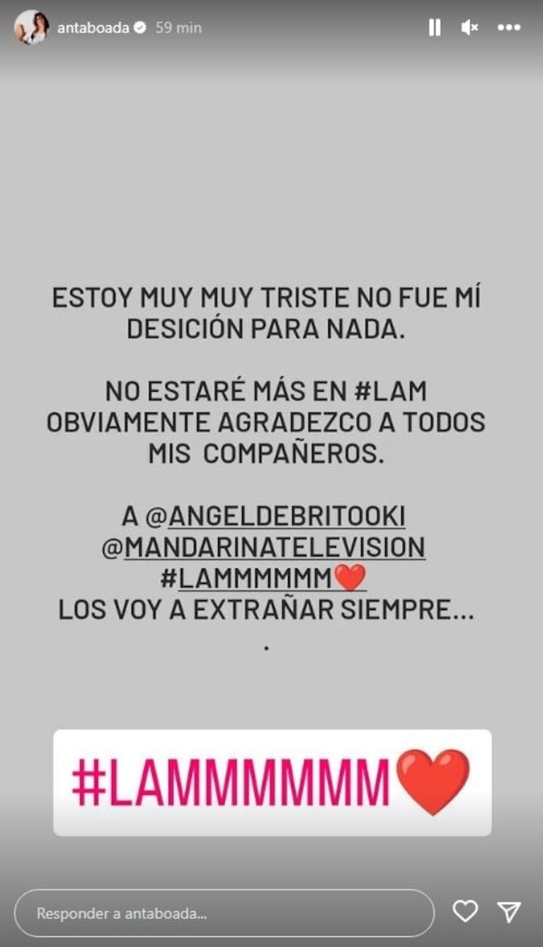 Andrea Taboada sorprendió al revelar que no será más parte de LAM: "Estoy muy triste, no fue mi decisión para nada"