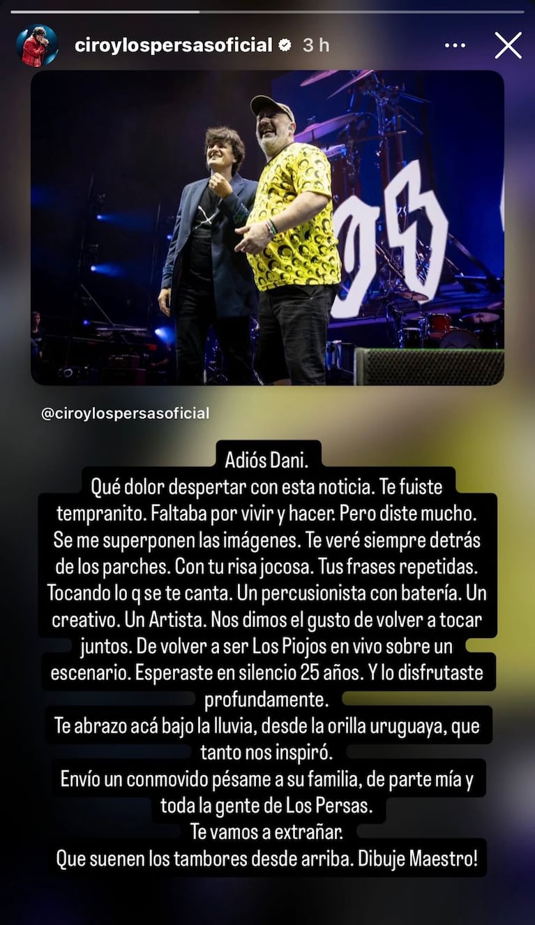 Andrés Ciro Martínez despidió a Daniel Buira con un doloroso mensaje a través de sus redes sociales (Foto: Instagram/@ciroylospersasoficial).