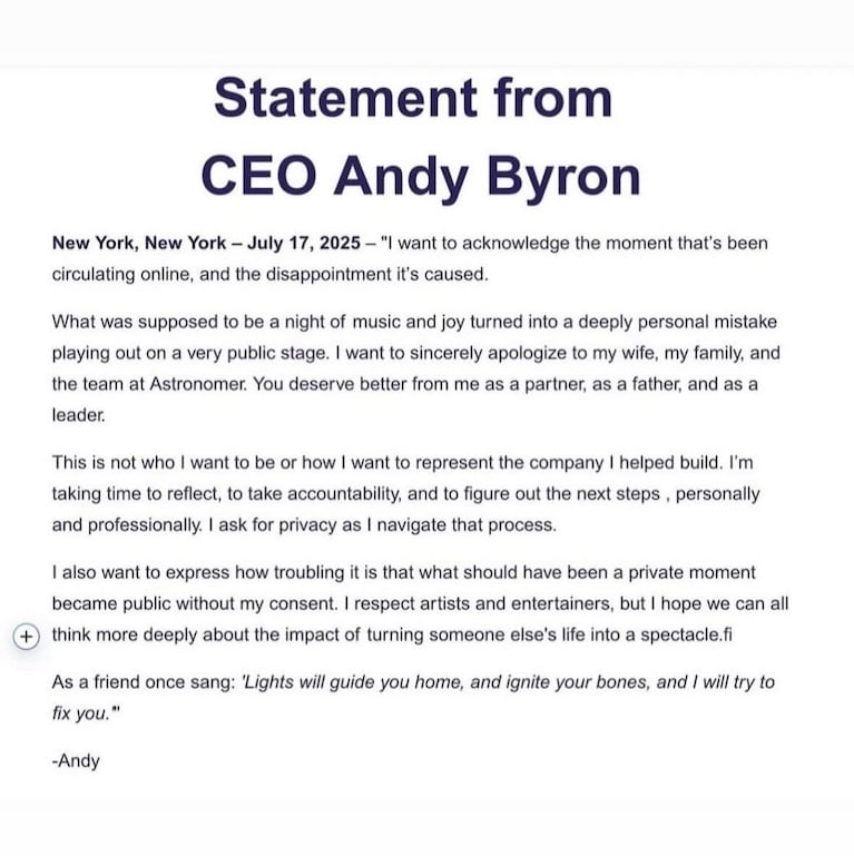 Andy Byron comunicado. Crédito: Instagram/@andybyron.official