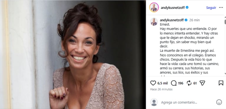 Andy Kusnetzoff despidió en redes sociales a Ernestina Pais