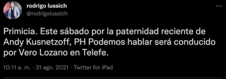 Andy Kusnetzoff no conducirá el próximo programa de PH por su reciente paternidad y Vero Lozano será su reemplazo de lujo