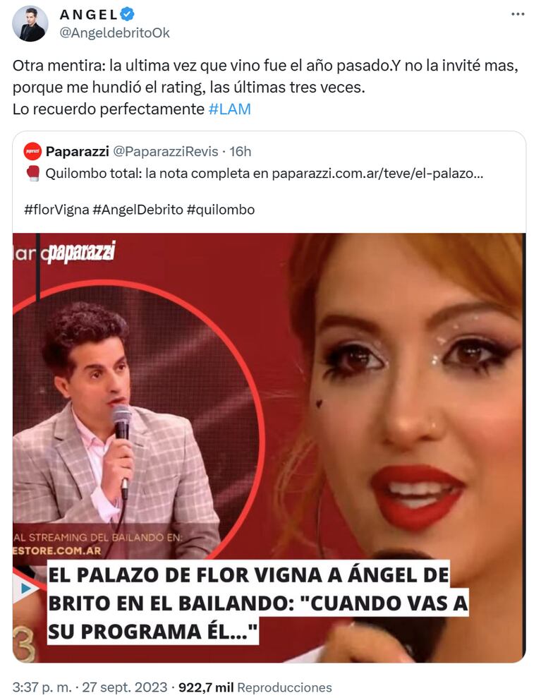 Ángel de Brito arremetió durísimo contra Flor Vigna: “No la invité más porque me hundió el rating”