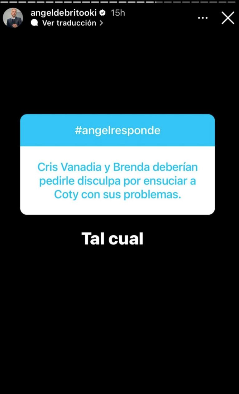 Ángel de Brito defendió a Coti Romero en medio de la reconciliación de Cris Vanadía y Brenda Di Aloy