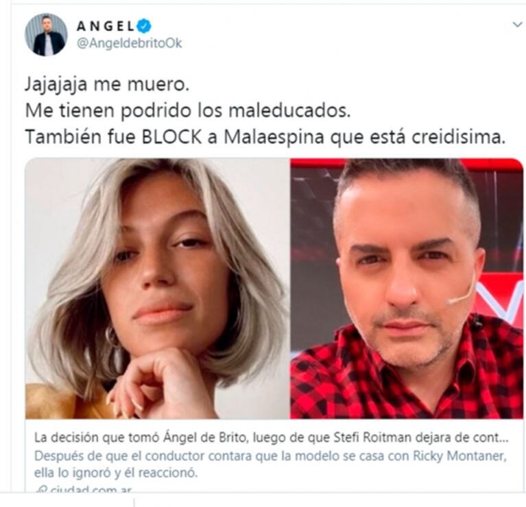 Ángel de Brito explicó filoso por qué bloqueó a Stefi Roitman y Romina Malaspina: "Me tienen podrido los maleducados"