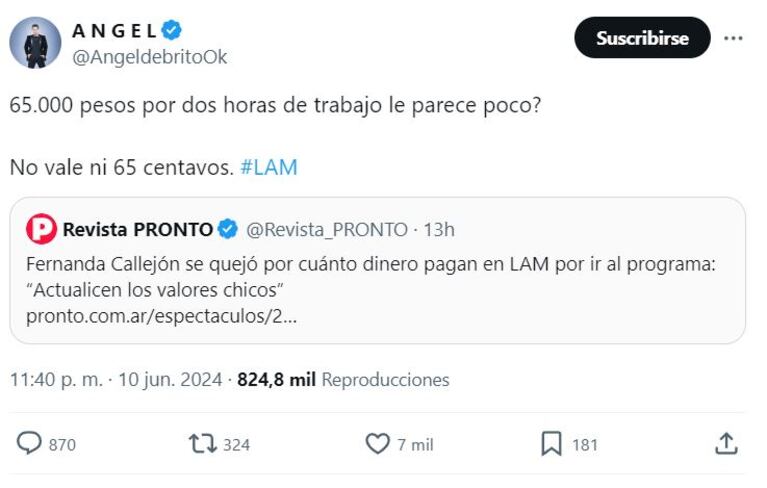 Ángel de Brito fulminó a María Fernanda Callejón tras quejarse de lo que pagan en LAM