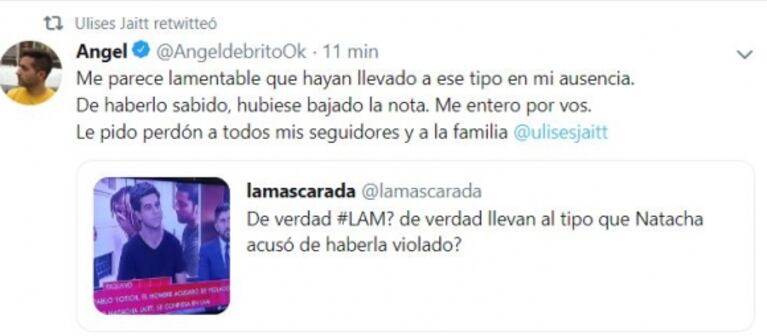 Ángel de Brito, indignado desde sus vacaciones al ver en LAM al hombre que Natacha Jaitt denunció por violación