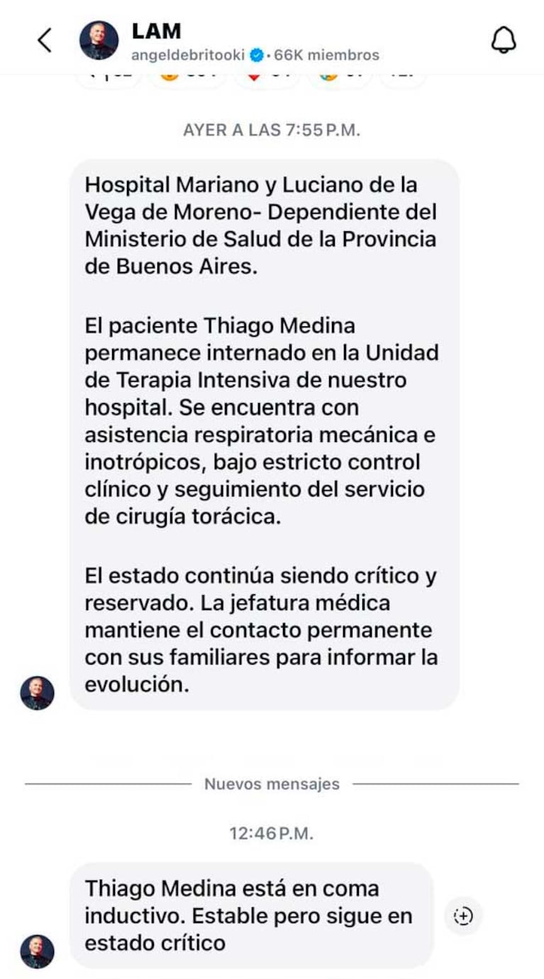 Ángel de Brito informó sobre Thiago Medina (Foto: Instagram)