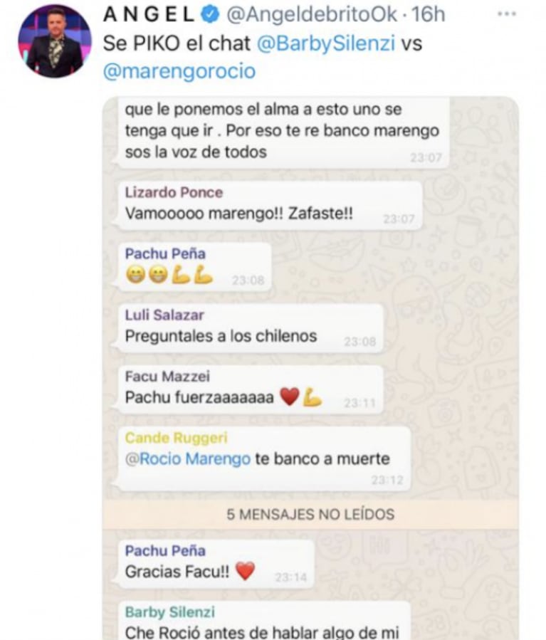 Ángel de Brito mostró el fuerte mensaje de Barby Silenzi contra Rocío Marengo en el chat de La Academia: "Antes de hablar de mí, chequealo"