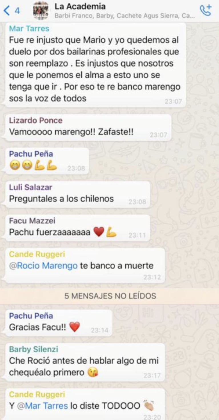 Ángel de Brito mostró el fuerte mensaje de Barby Silenzi contra Rocío Marengo en el chat de La Academia: "Antes de hablar de mí, chequealo"
