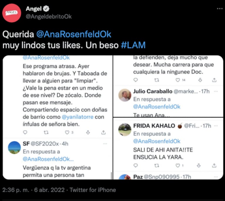 Ángel de Brito reaccionó picante a los fuertes likes de Ana Rosenfeld contra LAM: "Muy lindos" 