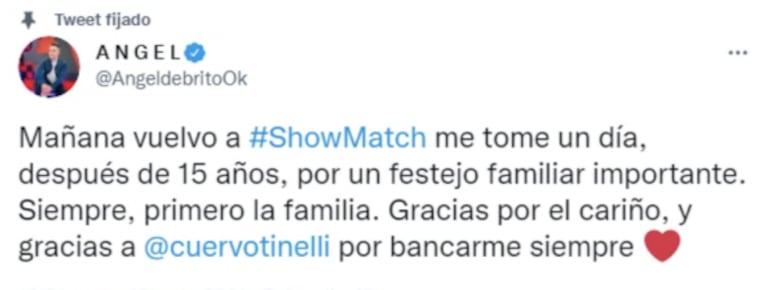 Ángel de Brito reveló el motivo por el cual faltó a ShowMatch por primera vez en 15 años: "Fue por un festejo familiar"
