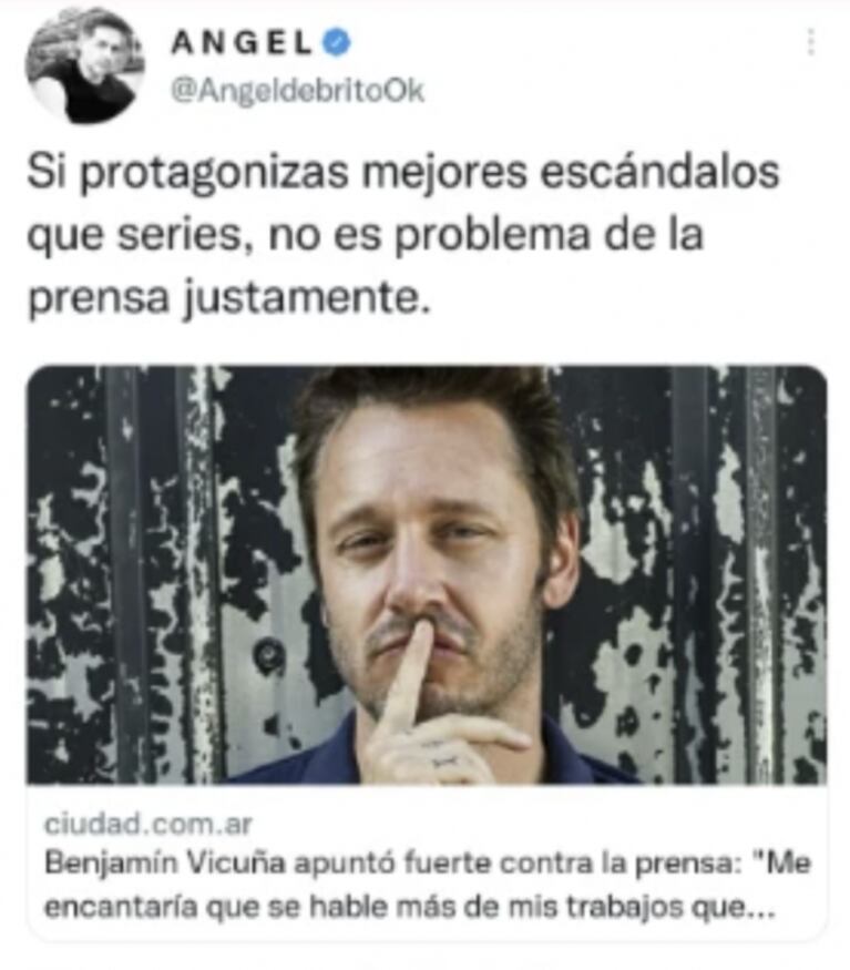 Ángel de Brito salió al cruce de los dichos de Benjamín Vicuña contra la prensa: "Si protagonizás mejores escándalos que series"