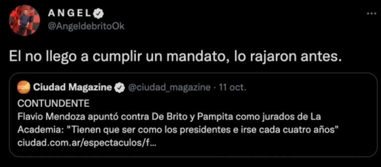 Ángel de Brito salió con todo al cruce de Flavio Mendoza por criticarlo como jurado: "Él no llegó a cumplir el mandato"