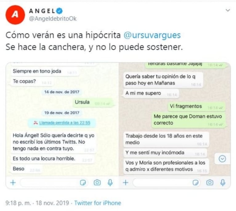 Ángel de Brito se cruzó en Twitter con Ursula Vargues y publicó los chats: "Cómo verán, es una hipócrita"