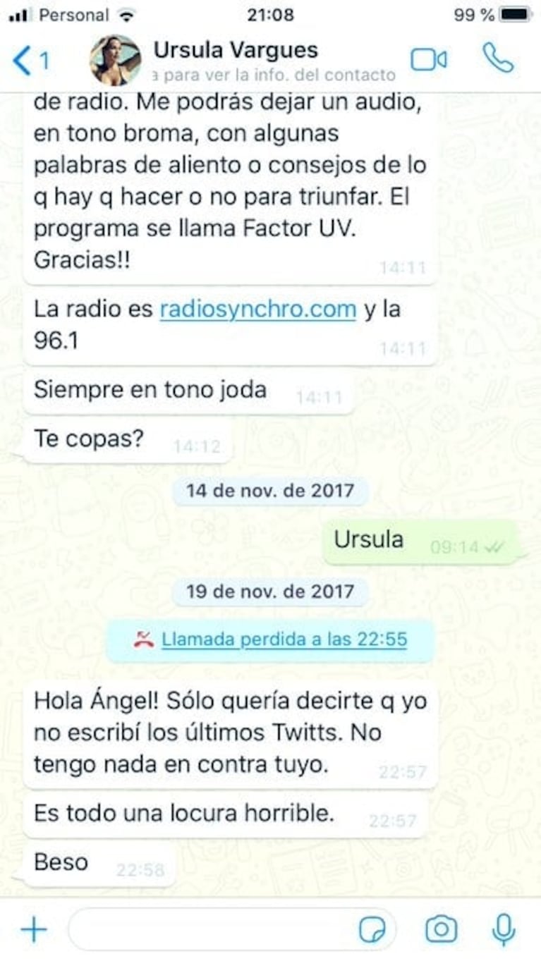 Ángel de Brito se cruzó en Twitter con Ursula Vargues y publicó los chats: "Cómo verán, es una hipócrita"