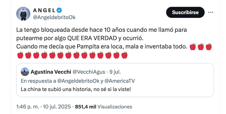 Ángel de Brito vs. La China Suárez. Crédito: X/@angeldebritoOk
