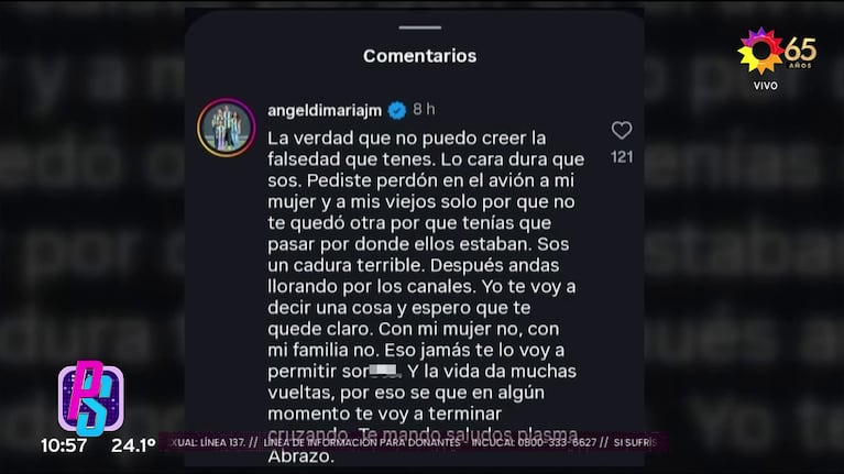 Ángel Di María le contestó a Toti Pasman (Foto: captura de eltrece).